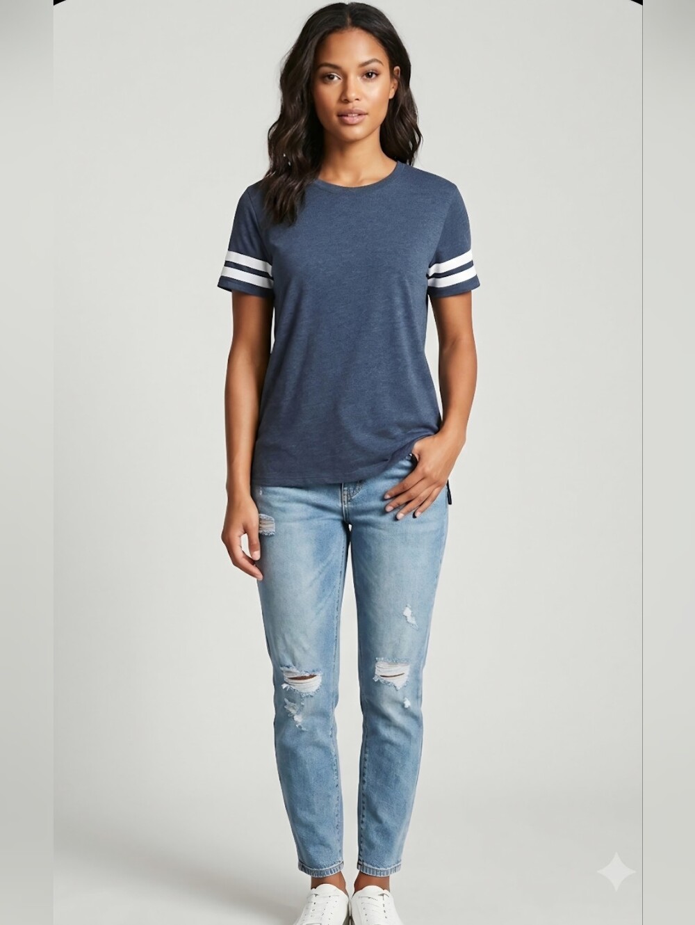 Forever 21 Navy Short Sleeve Tee with White Sleeve Stripes